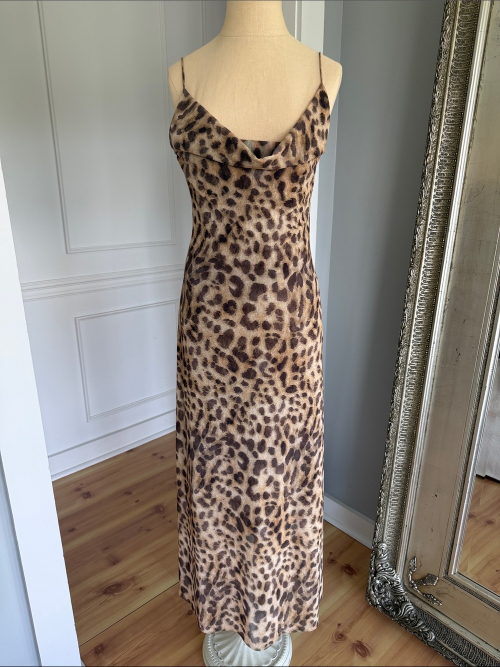Leopard Print Slip Dress - Brown Cowl Neck